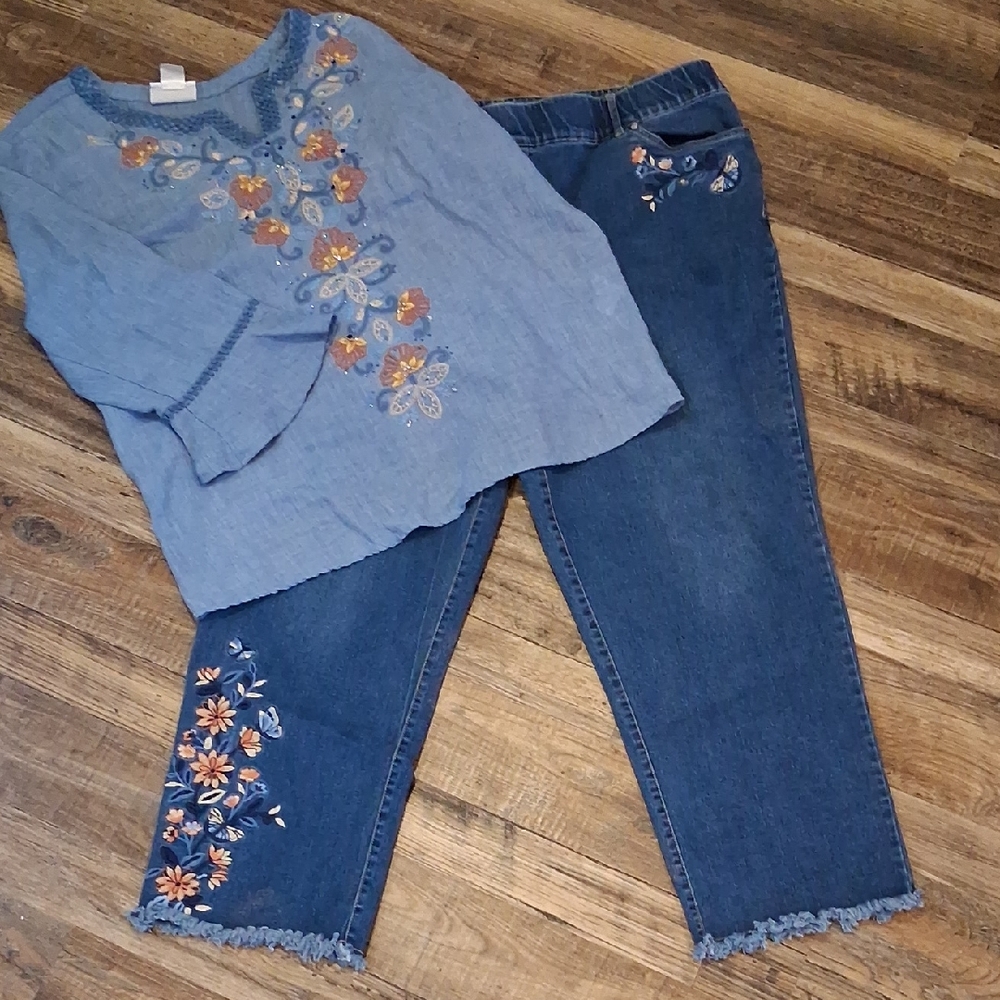 Alfred Dunner Blue Jean Pant SET with Floral Embroidery